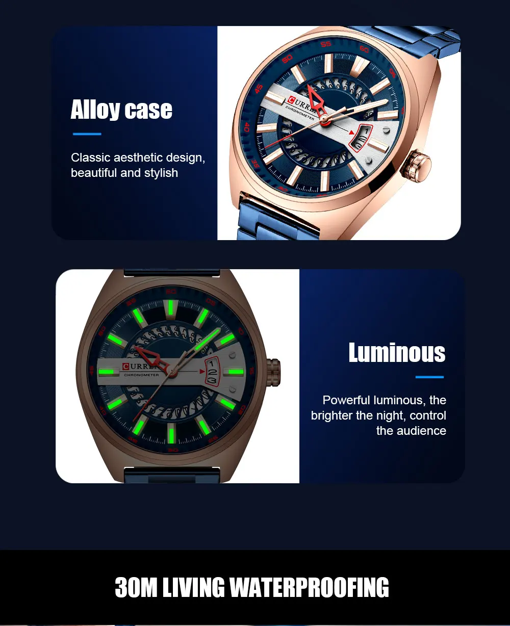 Relógio esportivo casual masculino de pulso azul de aço inoxidável com data automática de quartzo à prova d'água_voghion.com