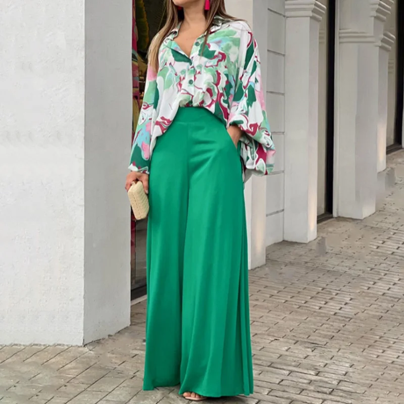 Elegant Print Flared Long Sleeve Shirt Wide Leg Pants Two Piece Set Autumn Lapel Button Cardigan Blouse Commuter Women's Suits 2