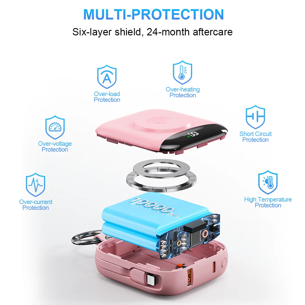 새로운 10000mAh 22.5W 고속 충전 보조 배터리 내장 케이블 포함, 4-in-1 휴대용 충전기 LED 디스플레이 및 키체인 포함 아이워치용