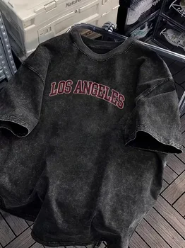 Vintage Washed Los Angeles Arch Letter Graphic T-Shirt, Retro USA City Casual Washed Black Crew Neck Short Sleeve Unisex Top