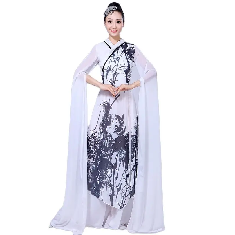 

Chinese Style Ink Dance Costume Classical Stage Wear Female Long Sleeve Chiffon Yangko Clothing Square Dance Sets