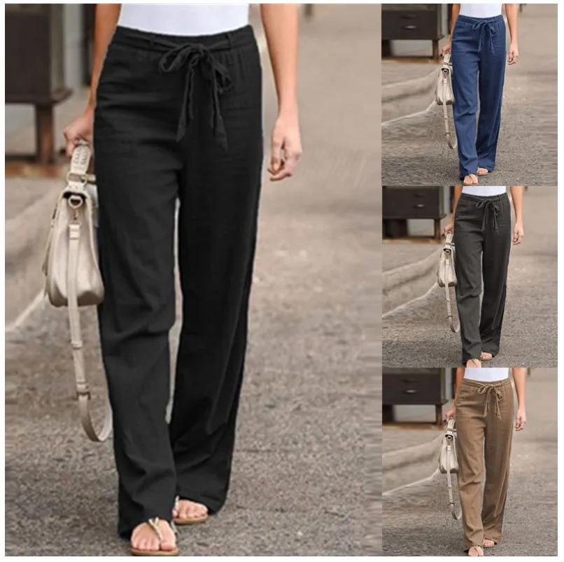 Women Pants Cotton Linen Solid Color Elastic Loose Drawstring Wide-Leg High Waist Trousers Stretch Straight Casual