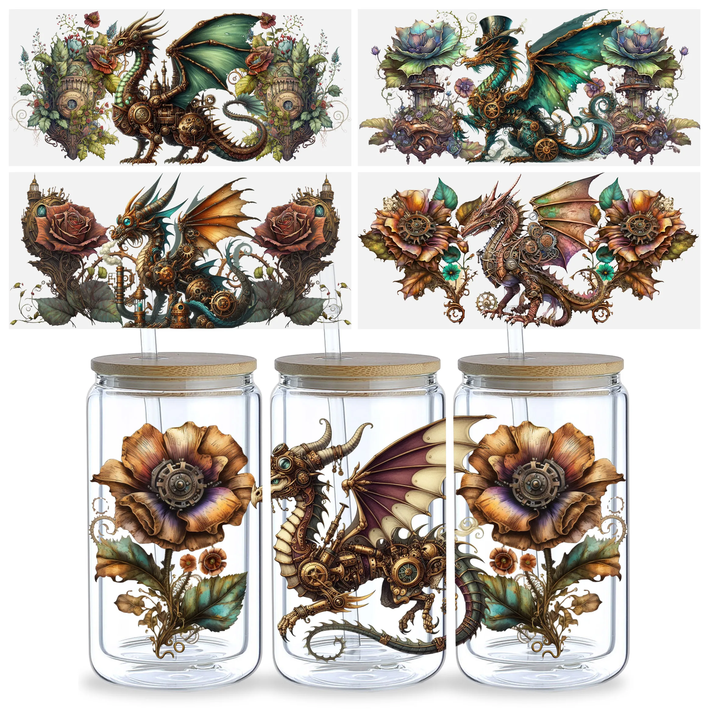 Steampunk Dragon Pattern UV DTF Cup Stickers 5sheets Waterproof Sticker Pack For Decorating Mugs Cups Bottles School Supplies