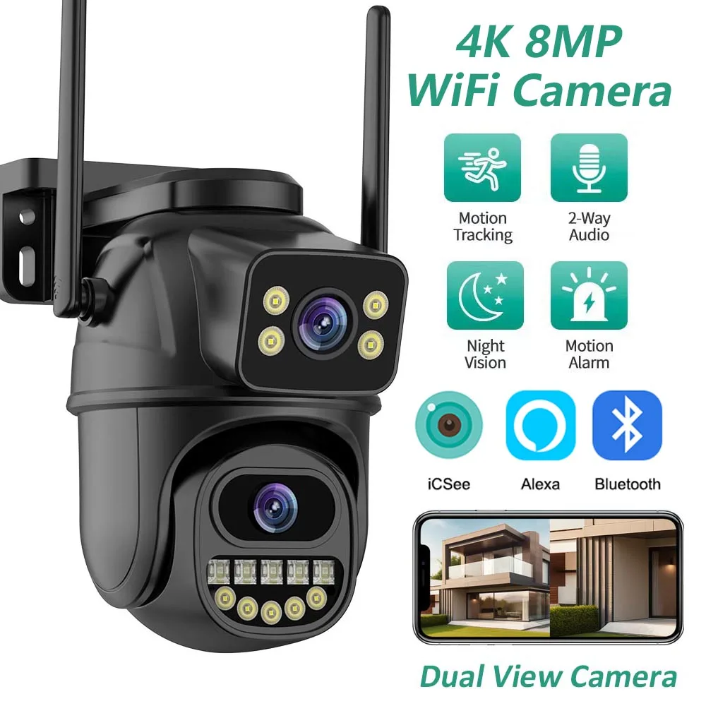 4K 8MP Dual Lens Dual Screen IP Camera Wifi PTZ Camera Outdoor 4MP AI Auto Tracking CCTV HD Audio Video Surveillance P2P iCSee 1