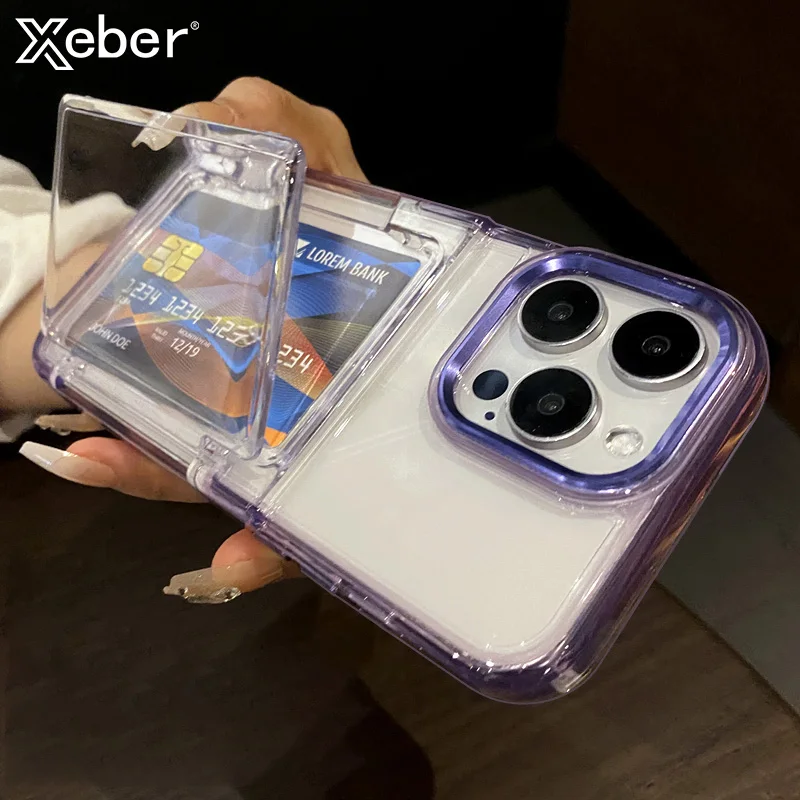 Transparent Flip Card Wallet Holder Case - Shockproof Acrylic Hard Back Cover with Stand