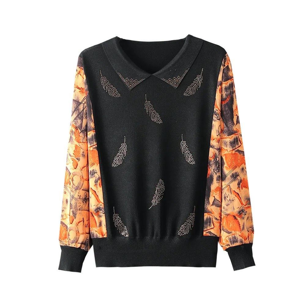 

XJXKS 2023 Autumn New Lapel Splicing Chiffon Long Sleeve Thin Sweater Women's Pullover Fashion Printed Loose Oversize Top