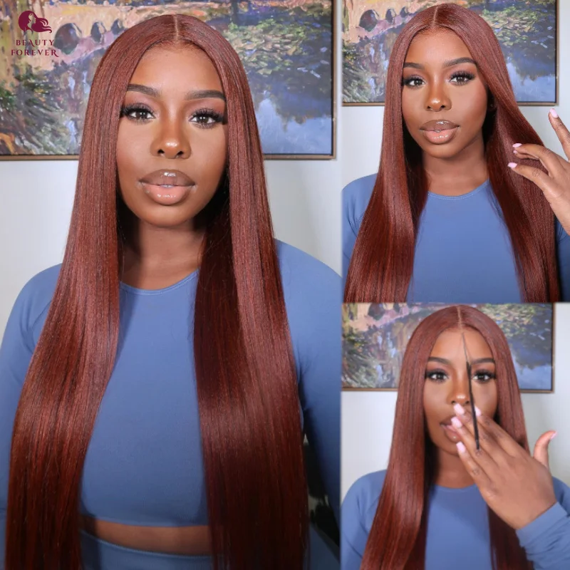 

Beauty Forever 7x5 Bye Bye Knots Glueless Wig Reddish Brown Yaki Straight Human Hair Wig Preplucked Pre cut Lace C Shape Wig Cap