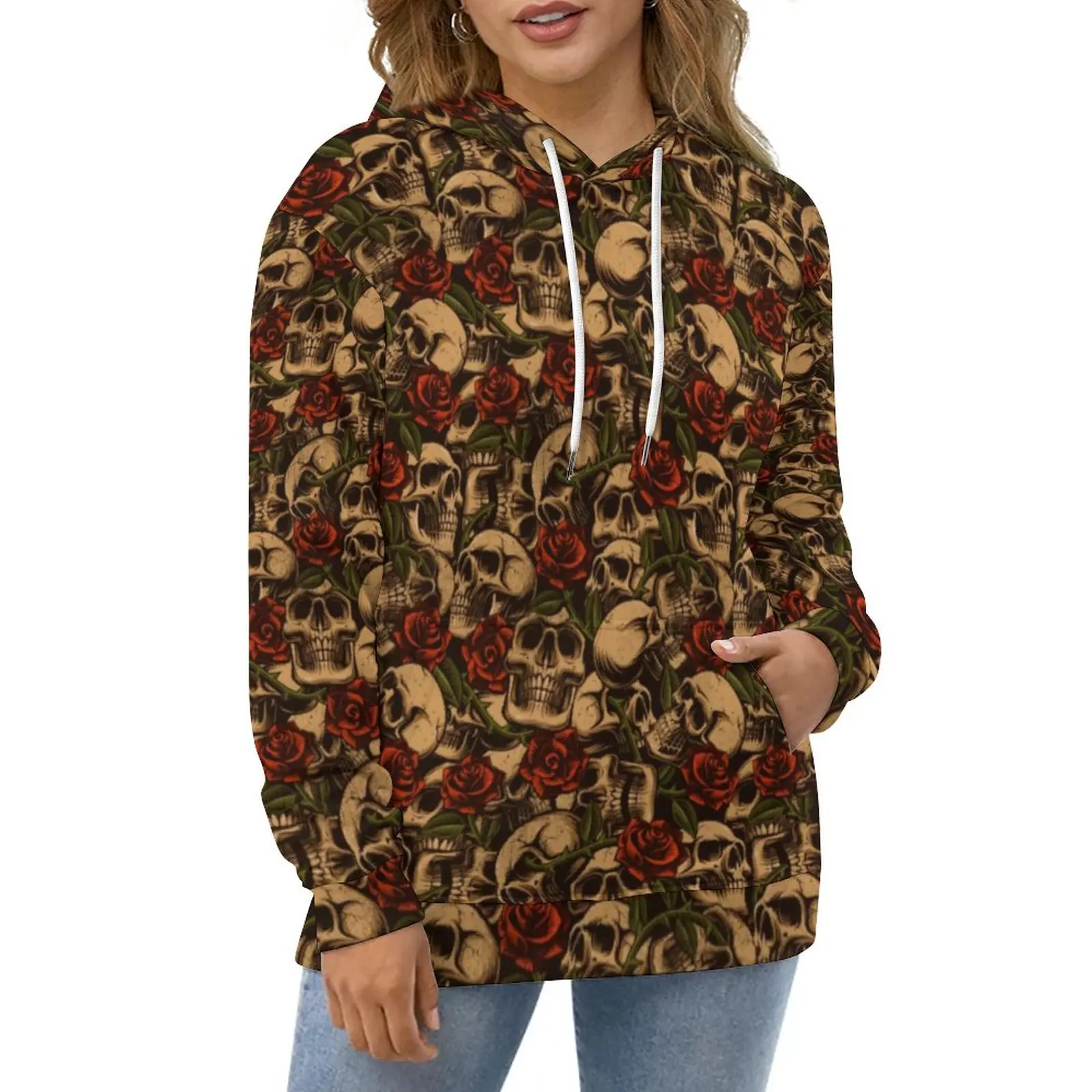 

Skeleton Music Hoodies Women Red Flower Print Streetwear Casual Pullover Hoodie Winter Long Sleeve Modern Graphic Sweatshirts