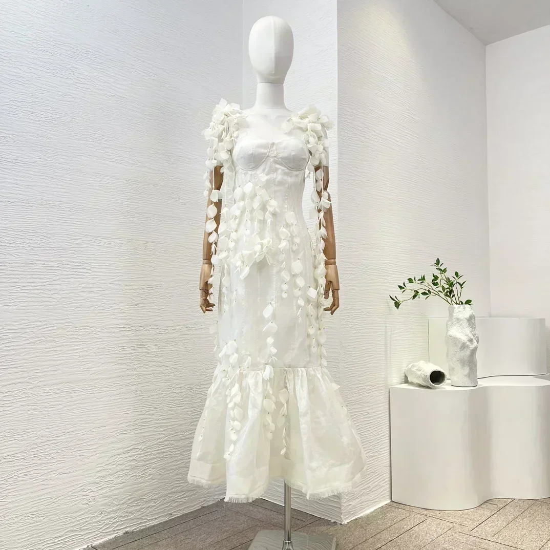 

Женское платье-Русалка средней длины, элегантное однотонное белое платье с аппликацией и оборками, 2024