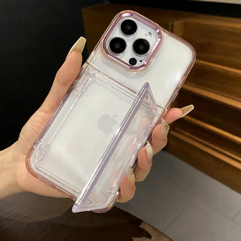 Transparent Flip Card Wallet Holder Case - Shockproof Acrylic Hard Back Cover with Stand