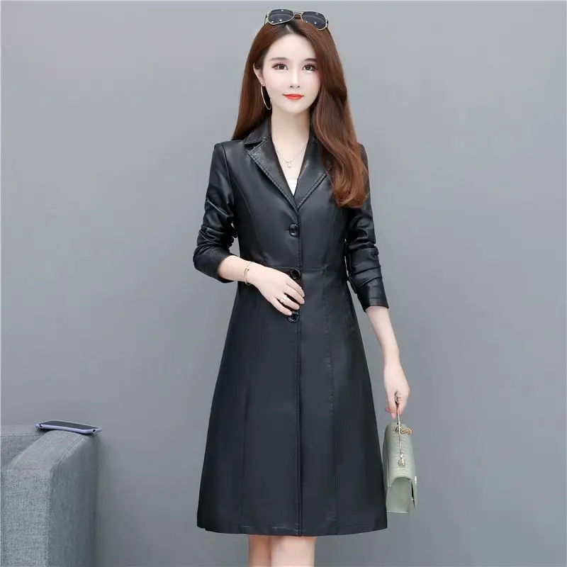 2023 New Women Temperament Slim Long Leather Windbreaker Fashion Pure Color Casual Versatile Large Size Biker Leather Jacket