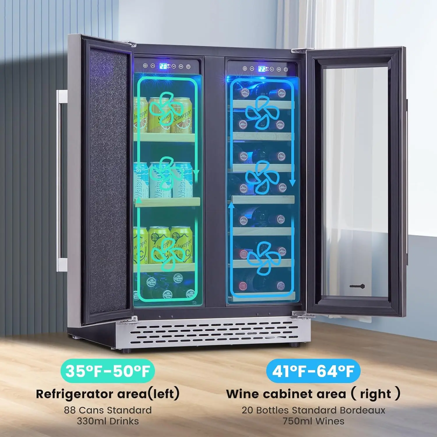Wine Cooler Beverage Refrigerator, 24&rdquo; Wine Fridge with Dual-Zone Digital Temperature Control, Glass Front Doors
