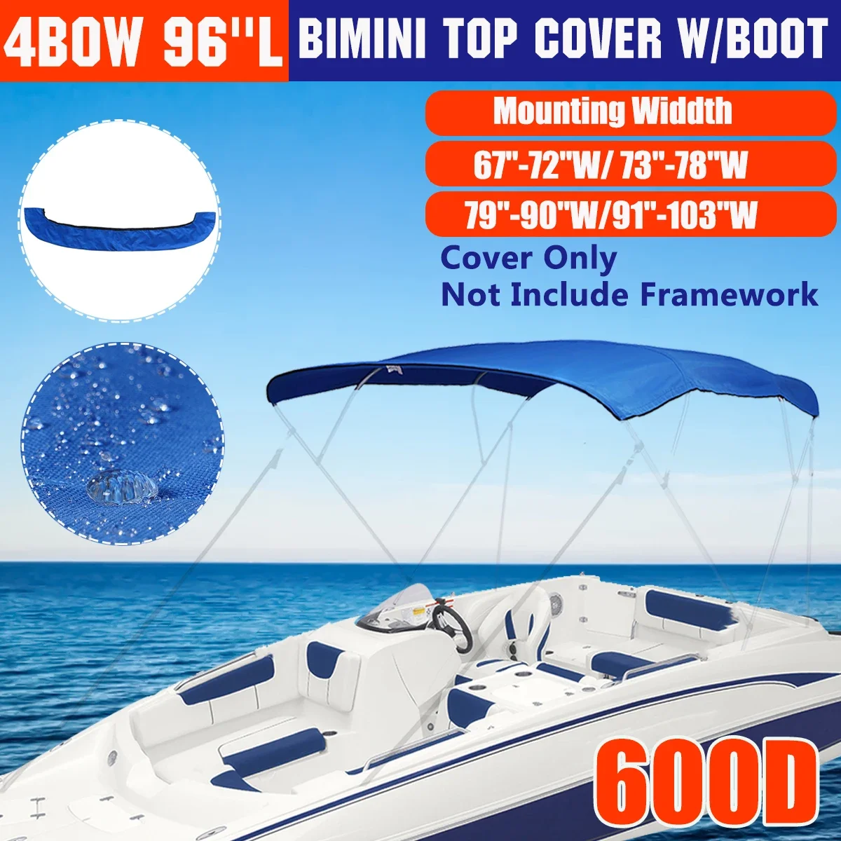 600D 4 Bow Bimini Top Boot Cover No Frame Yacht Boat Cover Zipper Anti UV Dustproof Marine Accessories