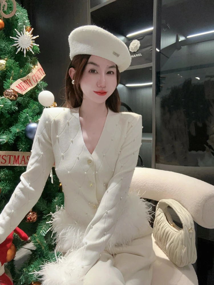 Chic Feather Stitching Long Sleeve White V-neck Knitted Tops Female Autumn Winter Coat and Pants Two Piece Sets Womens Outifits