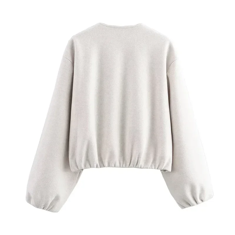 Retro Solid Woolen Women's Bomber Jacket Long Lantern Sleeves Pockets O-neck Loose Female Coat Autumn High Street Outwears