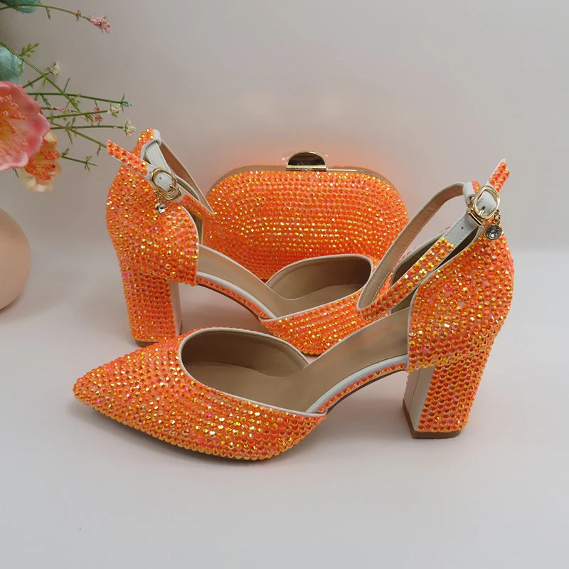 Shoes Orange Glitter Heels 2024 New Arrival Orange AB Bling