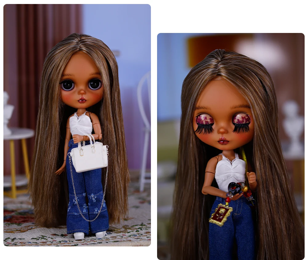 Neo Blythe Doll White Cami Top & Floral Patch Denim Pants Outfit 1