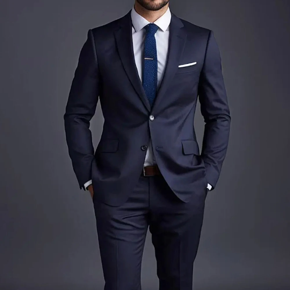Navy Blue Solid Men Suits Two Piece Formal Notch Lapel Single Breasted Slim Fit Outfits formal suit