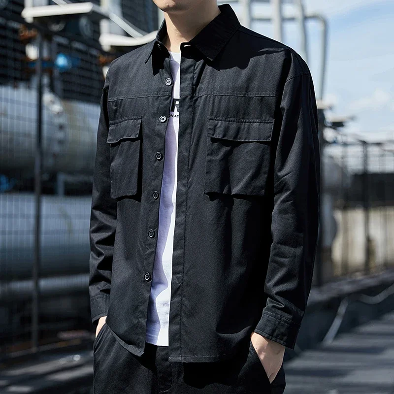 Spring Men's Shirt Retro Solid Color Outdoor Sports Mountaineering Lapel Cardigan Long Sleeved Minimalist Street Men's Clothing