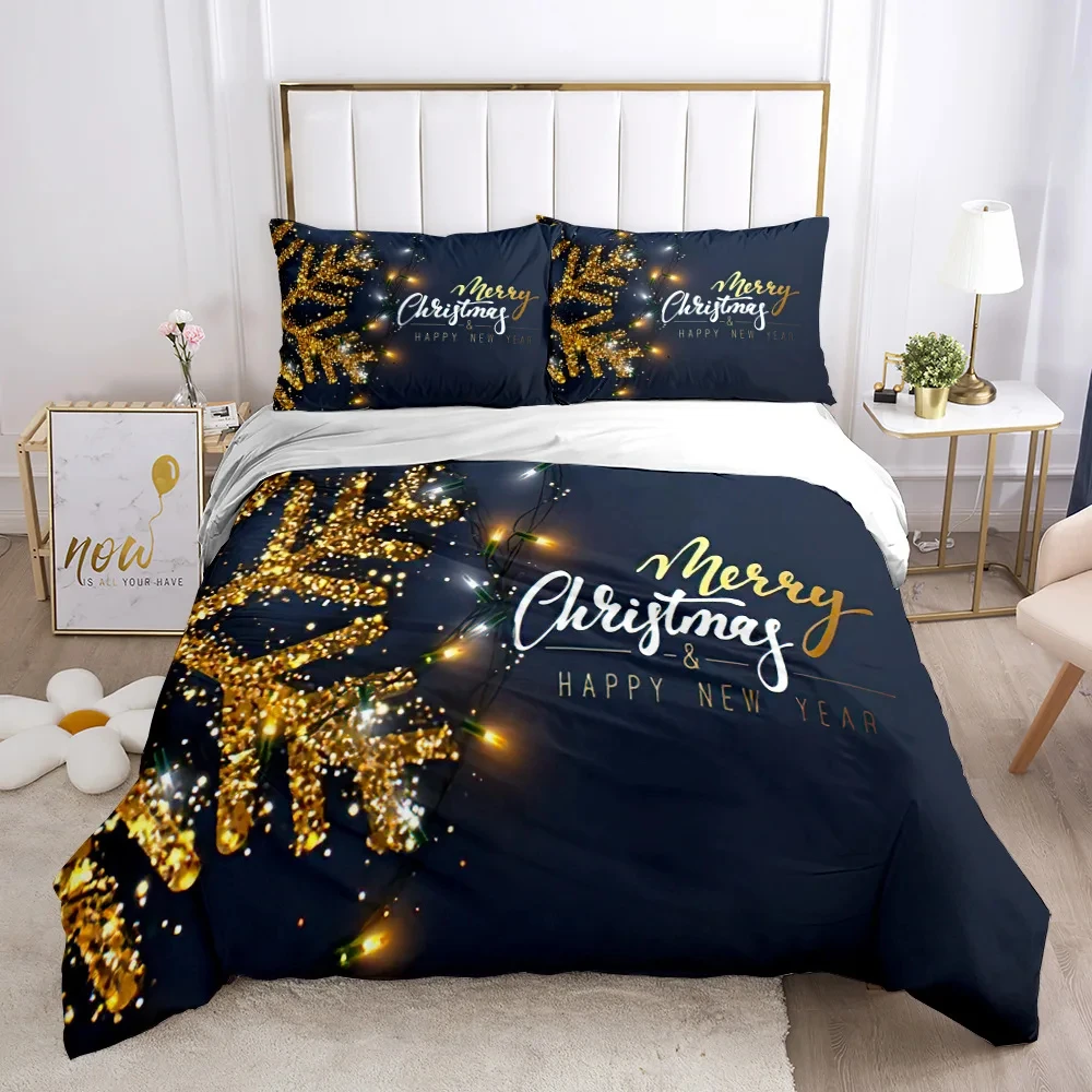 

Christmas Duvet Cover Set Gold Snow Flower Merry Christmas Celebrate Comforter Cover King for Kid Boy Girl Polyester Bedding Set