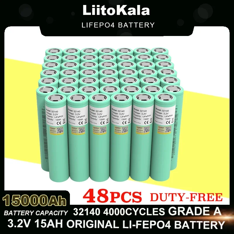 

48pcs LiitoKala 3.2V 32140 15Ah LiFePO4 Battery Cell diy 4s 8s 12v 24V 36V Inverter Electric Vehicle Travel Camping batteries