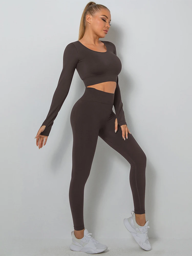 2 PC Long Sleeve Seamless Top Leggings Set with Holes