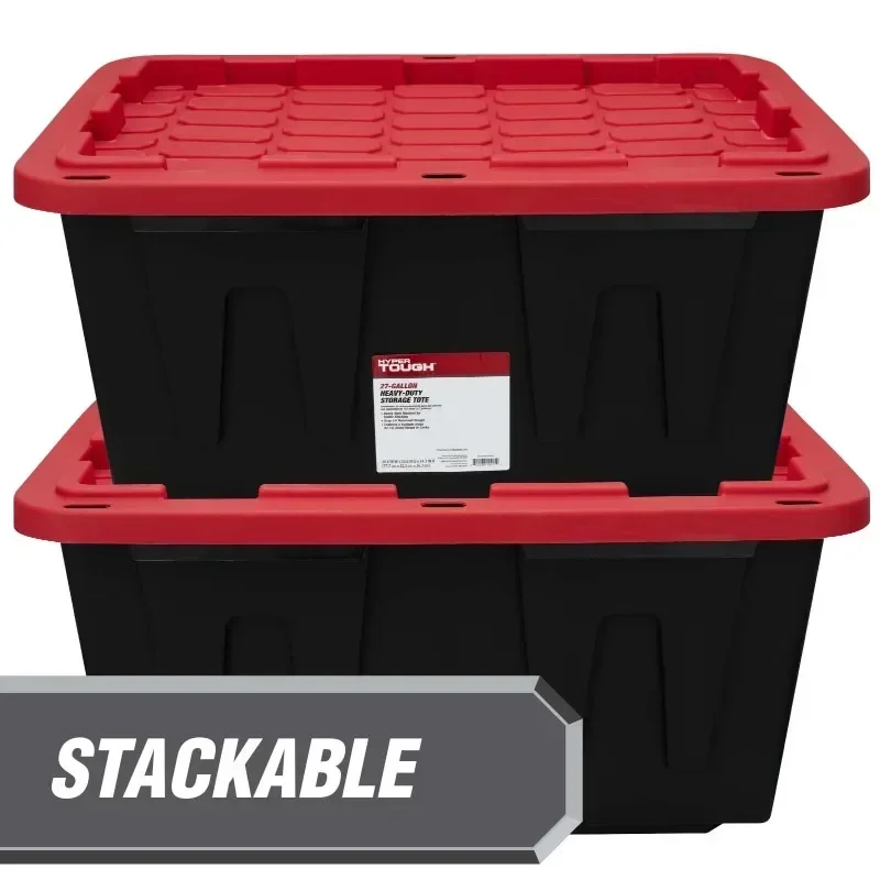 27 Gallon Stackable Snap Lid Plastic Storage Bin Container, Black with Red Lid, Set of 4 5
