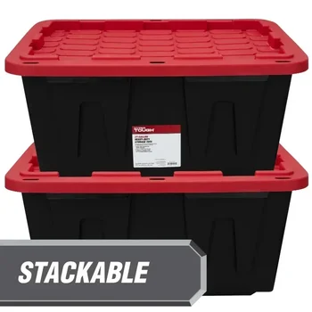 27 Gallon Stackable Snap Lid Plastic Storage Bin Container, Black with Red Lid, Set of 4 5