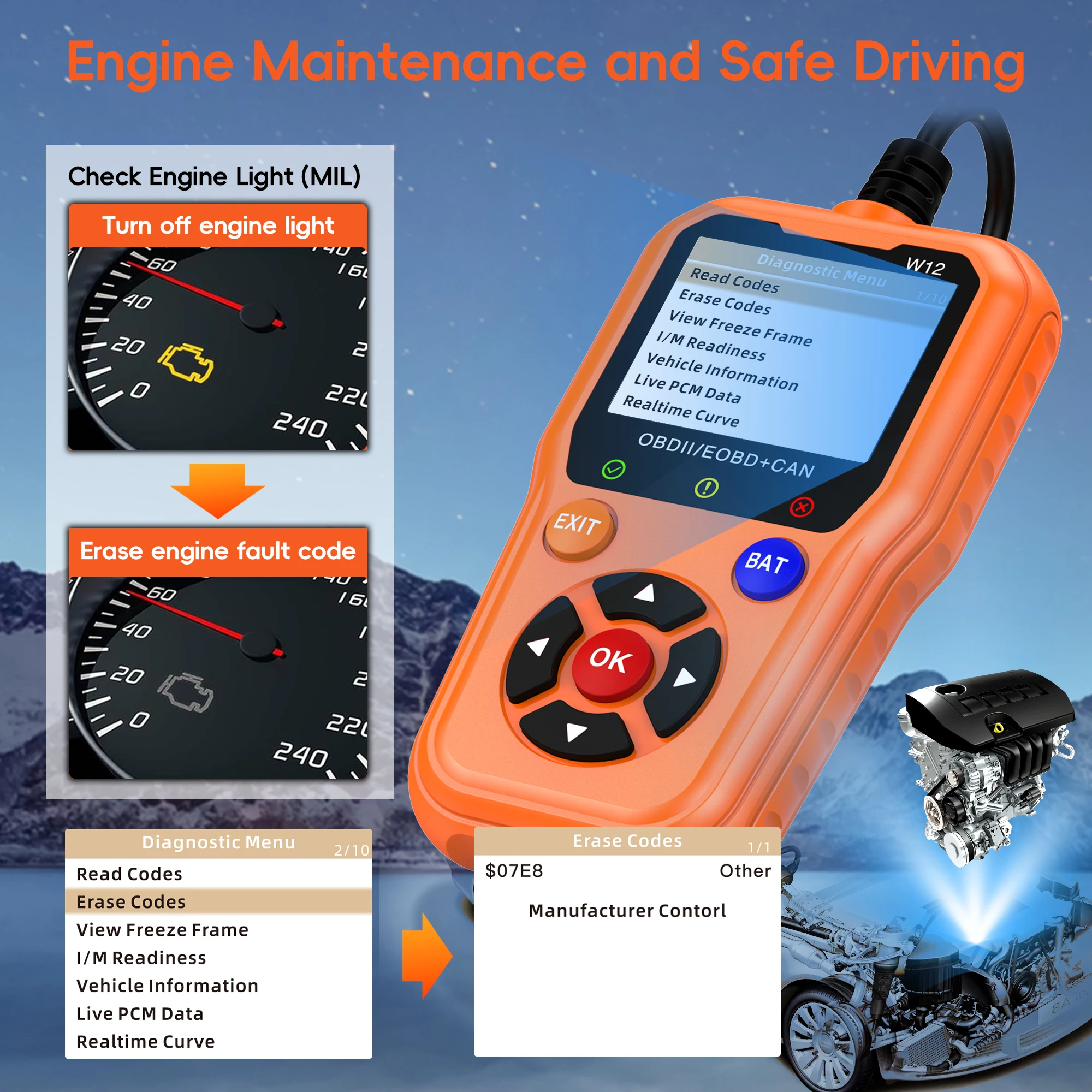 OBD2 Scanner Diagnostic Tool, Enhanced Check Engine Code Reader, Car OBDII/EOBD Scanner with Fault Code Reset 5