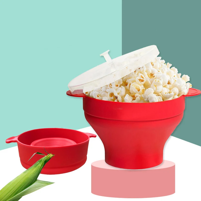 Silicone DIY Microwave Popcorn Bowl Bucket Red Popcorn Maker with Lid Chips Fruit Dish Kitchen Easy Tools popcorn maker silicone tableware