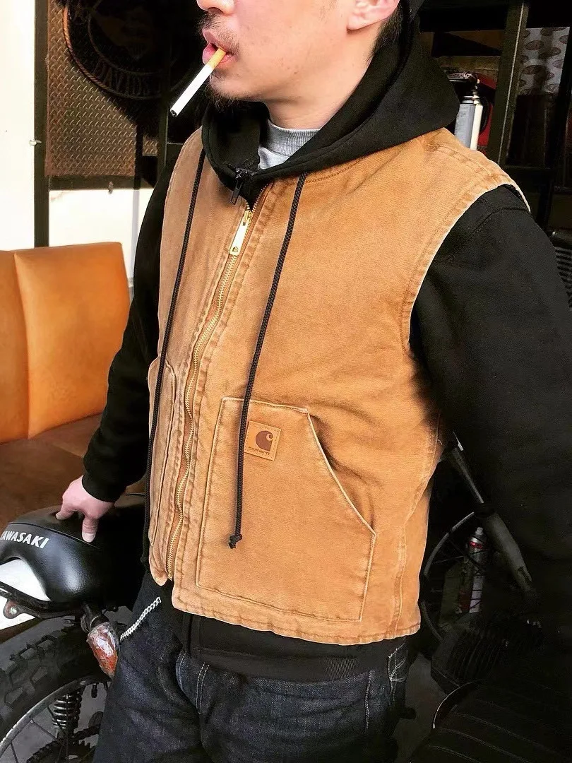 Жилет з потовщеної бавовни, праного канвасу, унісекс, вільного крою, модний міський стиль, на всі сезони, з круглим вирізом, ...