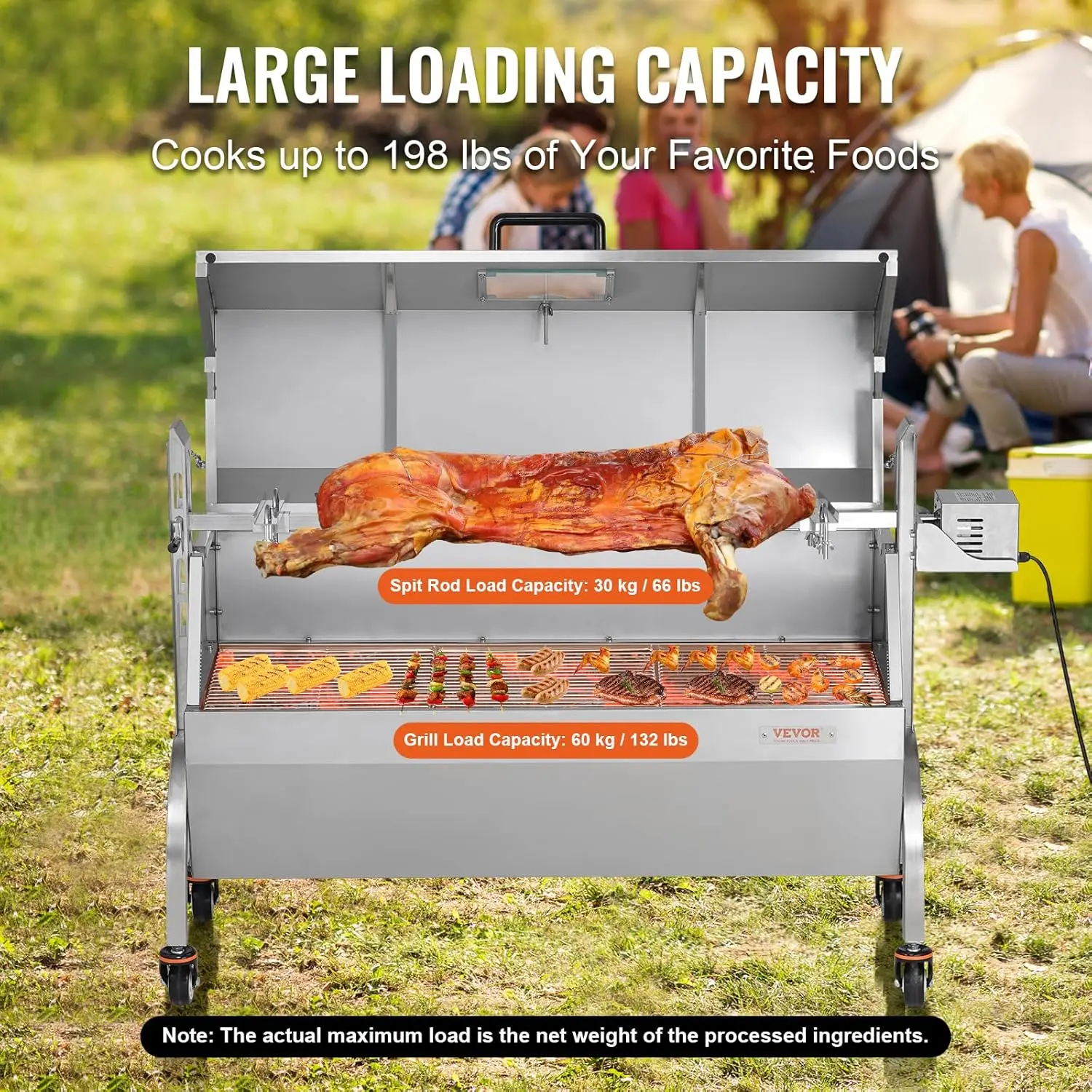 Grill with Hooded Cover Roaster, 46 Inch 198Lbs Capacity, BBQ Outdoor Pig Lamb Rotisserie Roaster, Electric 52W Motor Stainless 3