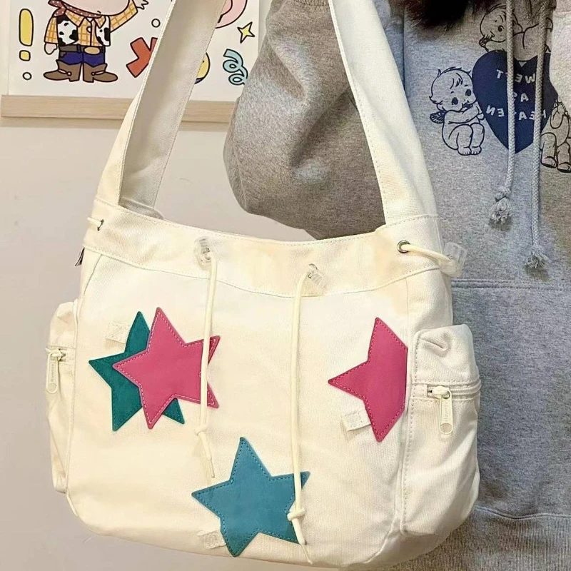 

Xiuya Y2k Women Shoulder Bag Star Prints Large Capacity Canvas Crossbody Bag College Style Sweet Cool Casual Designers Handbag