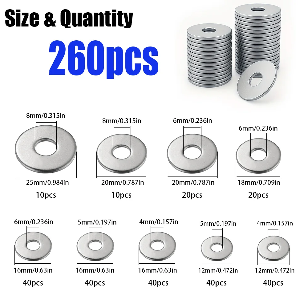 Set of 260 Large Stainless Steel Flat Washers with Various Center Hole and Outer Diameters
