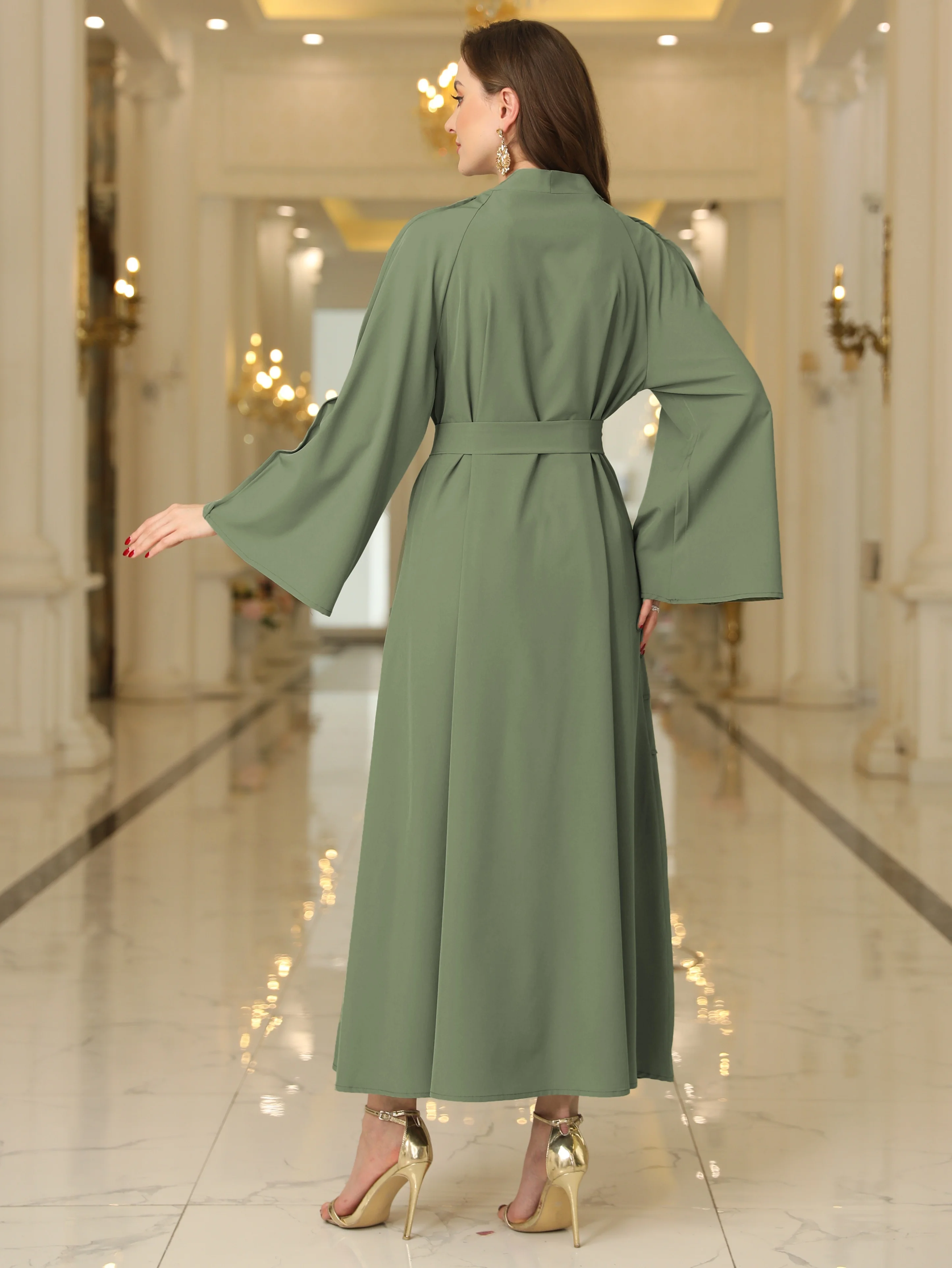 Ramadan Solid V-neck Belted Kaftan Abayas, Elegant Flare Sleeve Maxi Length Dress, Women's Clothing