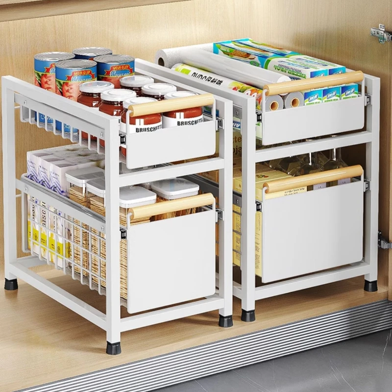 Pull-Out Layered Sink Rack Organizer Under Sink Storage with 1/2 Tier Basket Multi-Layer Cabinet Shelf Slide-Out Storage