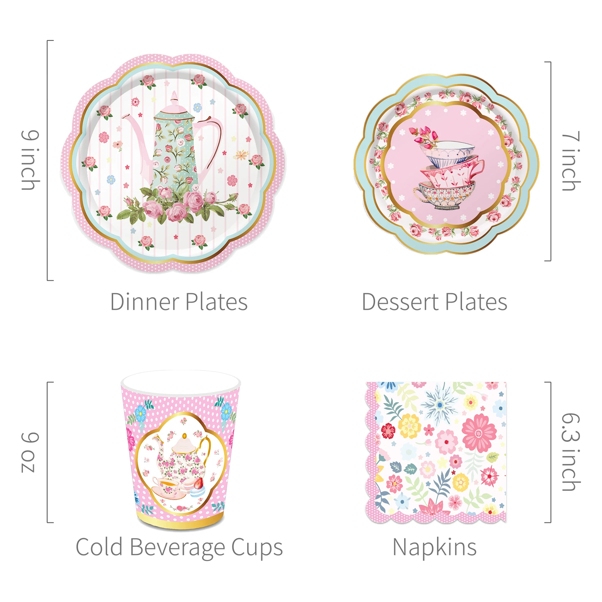 Description Picture 6 of itemGirls Tea Party Disposable Tableware Sets Afternoon Tea Time Teapot Flowers Birthday Plates Cups Napkins Baby Shower Party Decor