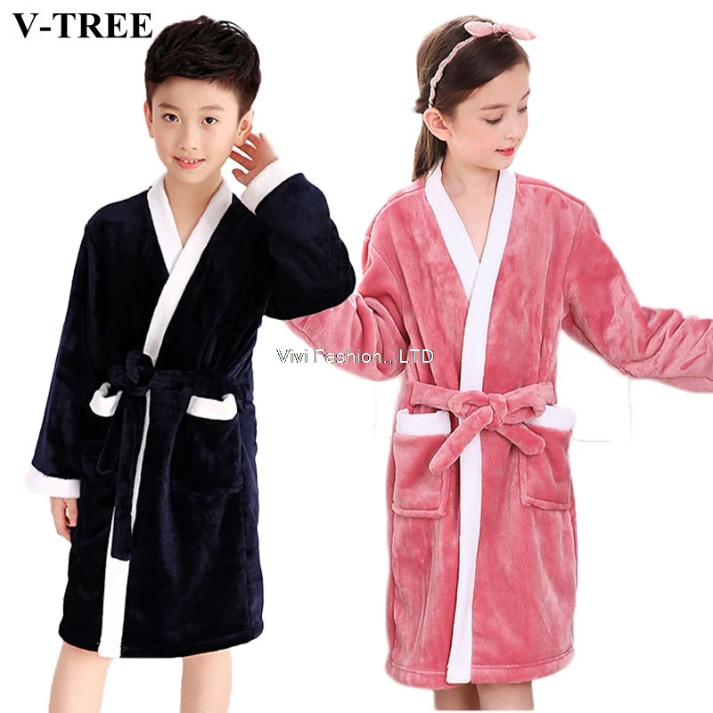 Winter Kids Bathrobe Fleece Robes For Boys Solid Girls Pajamas Warm