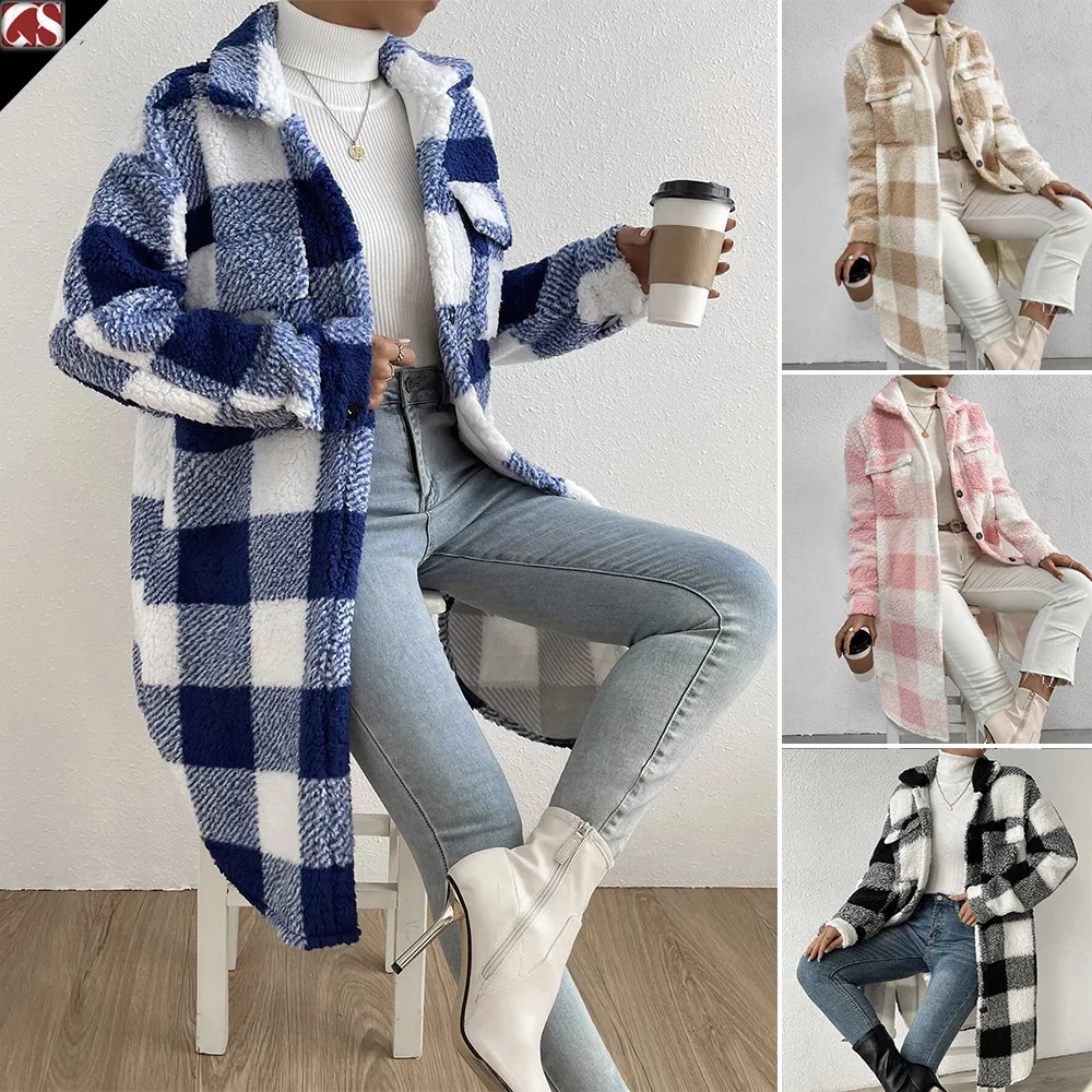 Oversized Loose Plaid Overcoats Autumn Winter Thick Long Sleeve X-Long Cardigan Sweatshirt Coats Outwaer FYY-90093