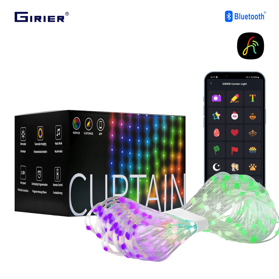 GIRIER Smart Curtain Lights Bluetooth LED Strip Lights for Bedroom/Christmas/Wedding Deco Supports Music Sync APP Remote Control