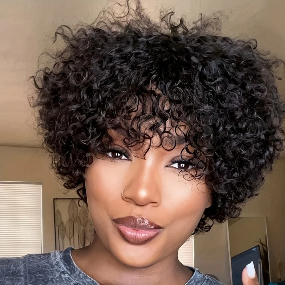 Short Pixie Curly Bob Wig Bangs Brazilian Human Hair Bouncy Curl Full machine made Wig Women human hair wigs