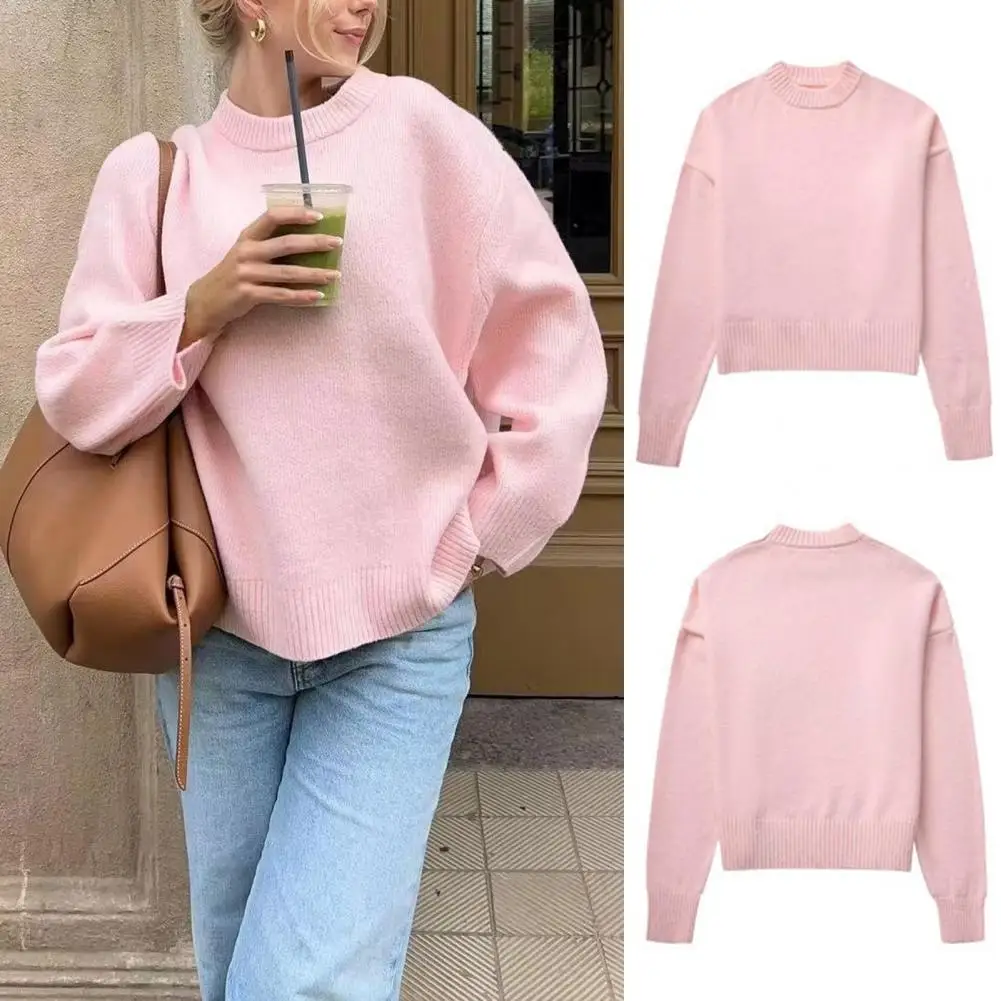 

Loose Fit Knitting Tops Women's Winter Solid Color Sweater O-neck Long Sleeve Knit Pullover Thick Warm Jumper Elegant Streetwear