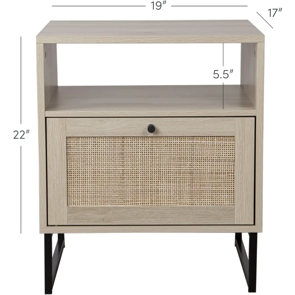Rattan Wood End Side Accent Table Nightstand with Storage 2