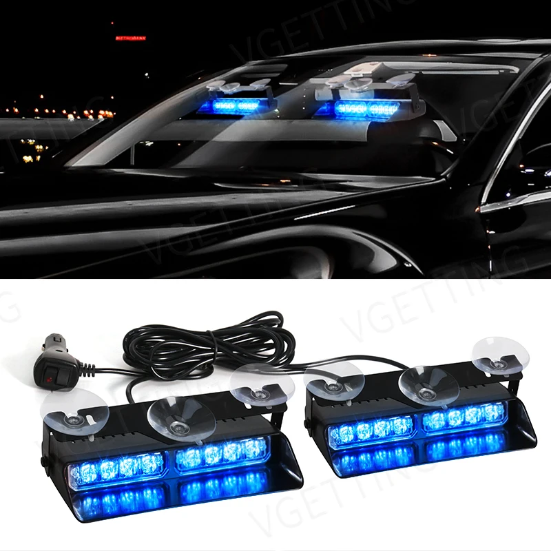 6Z4J Emergency Dash Strobe Lights 2x16.8 Inch Red Blue Safety Lights 48 Led Flashing Warning Hazard Interior Windshield Visor Traffic Light Bar For