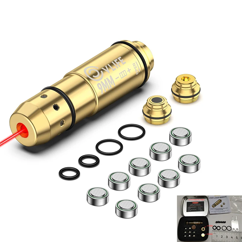 

9mm Laser Training Cartridge Bore Sight Dual Purpose with 9 Batteries With Extra Back Cap Box Rubber Plugs and Spare O-Rings