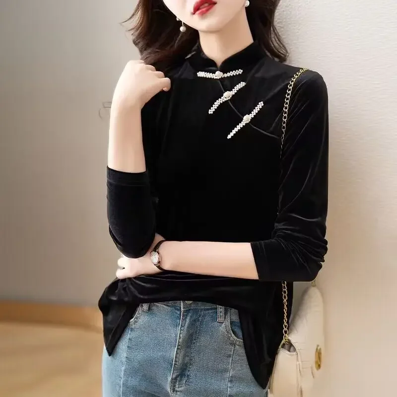 Spring Retro Elegant Long Sleeve Loose Long Tradition Cheongsam Dress Loose Chinese Collar Modern Improved Qipao