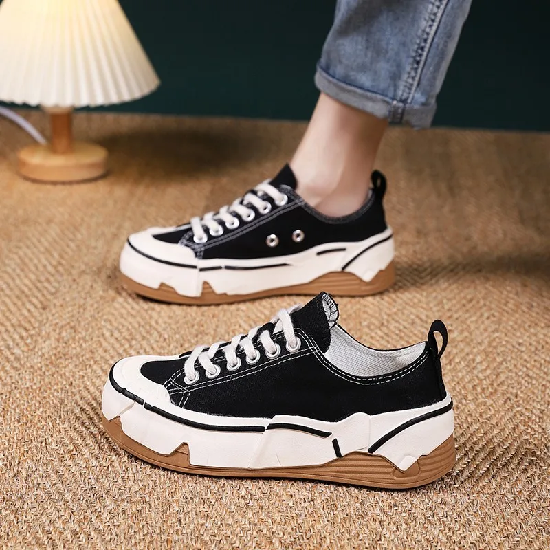 

Новинка 2023, женская обувь, весна и осень, парусиновые туфли, женские кроссовки на толстой подошве, на шнуровке, универсальная Повседневная парусиновая обувь, трендовая обувь