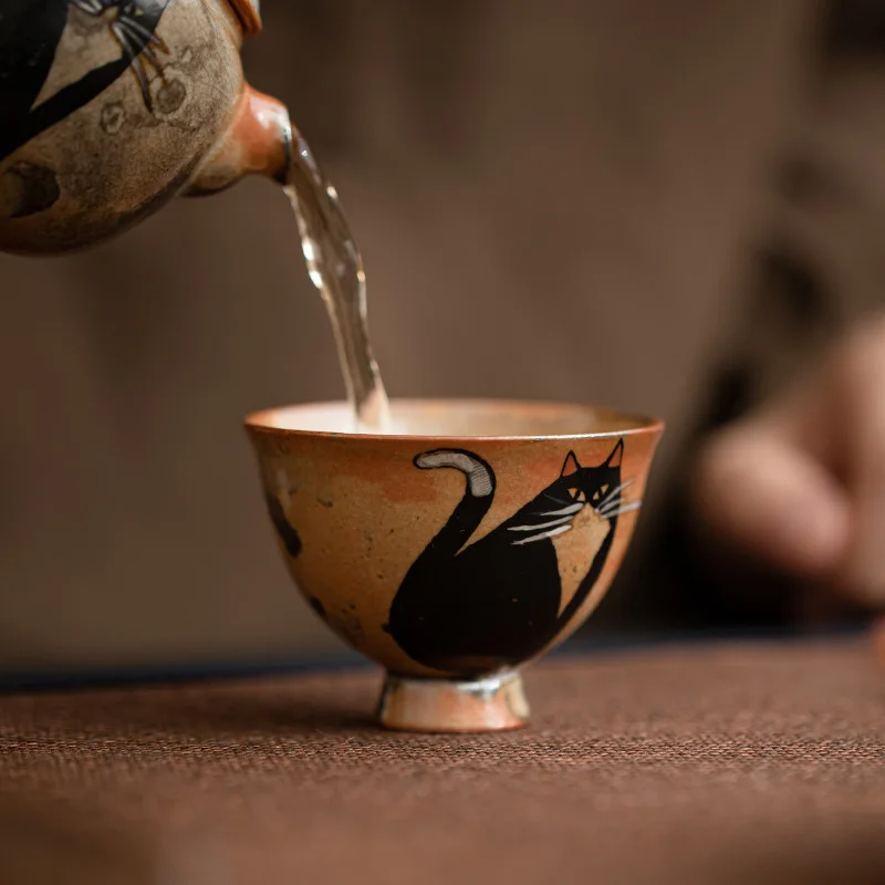 Japanese Tea Cup Retro Vintage Ceramic Chinese Kung Fu Teacup Host Single Cup Handmade Cute Cat Cartoon Cups Drinkware Teaware tea cup