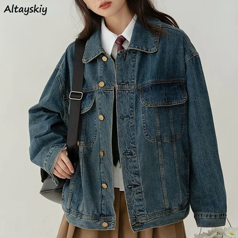 

Джинсовые куртки Женские однотонные простые универсальные с длинным рукавом Весенние Модные свободные винтажные повседневные уличные куртки BF уютная популярная Ulzzang