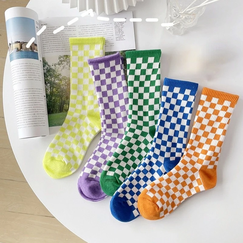 

Mid tube women's socks Korean version INS trendy socks plaid color skateboard cotton socks